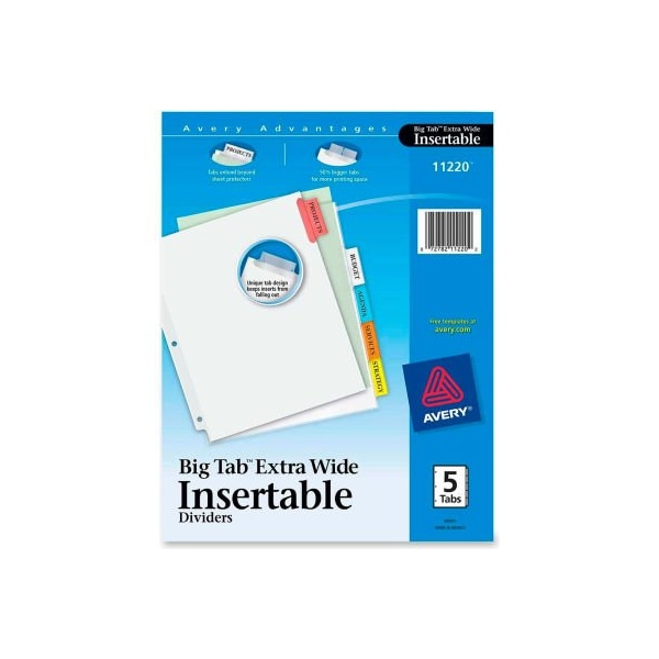 Avery Dennison Avery WorkSaver Extra Wide Big Tab Divider, Blank, 9"x11", 5 Tabs, White/Multicolor 11220 - main